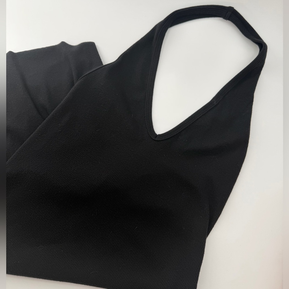 Eterne Black Halter Ribbed Knit Mini Dress